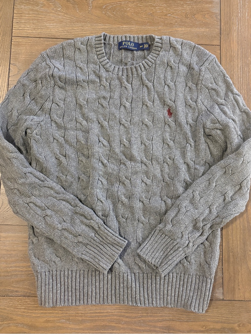 Polo by Ralph Lauren 100% Cotton Gray Cable-Knit Crewneck Sweater with Red Pony